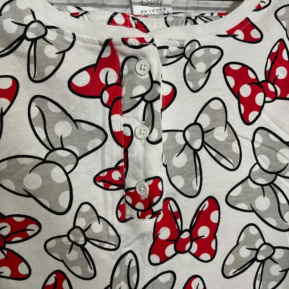 DISNEY Classic Minnie Mouse Bow 2 Piece Pajama‎ Set White Red Grey Women's Sz 1X